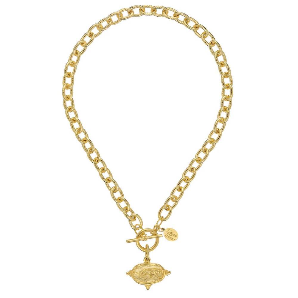 NEW SUSAN SHAW tiger intaglio on 16" toggle necklace in gold